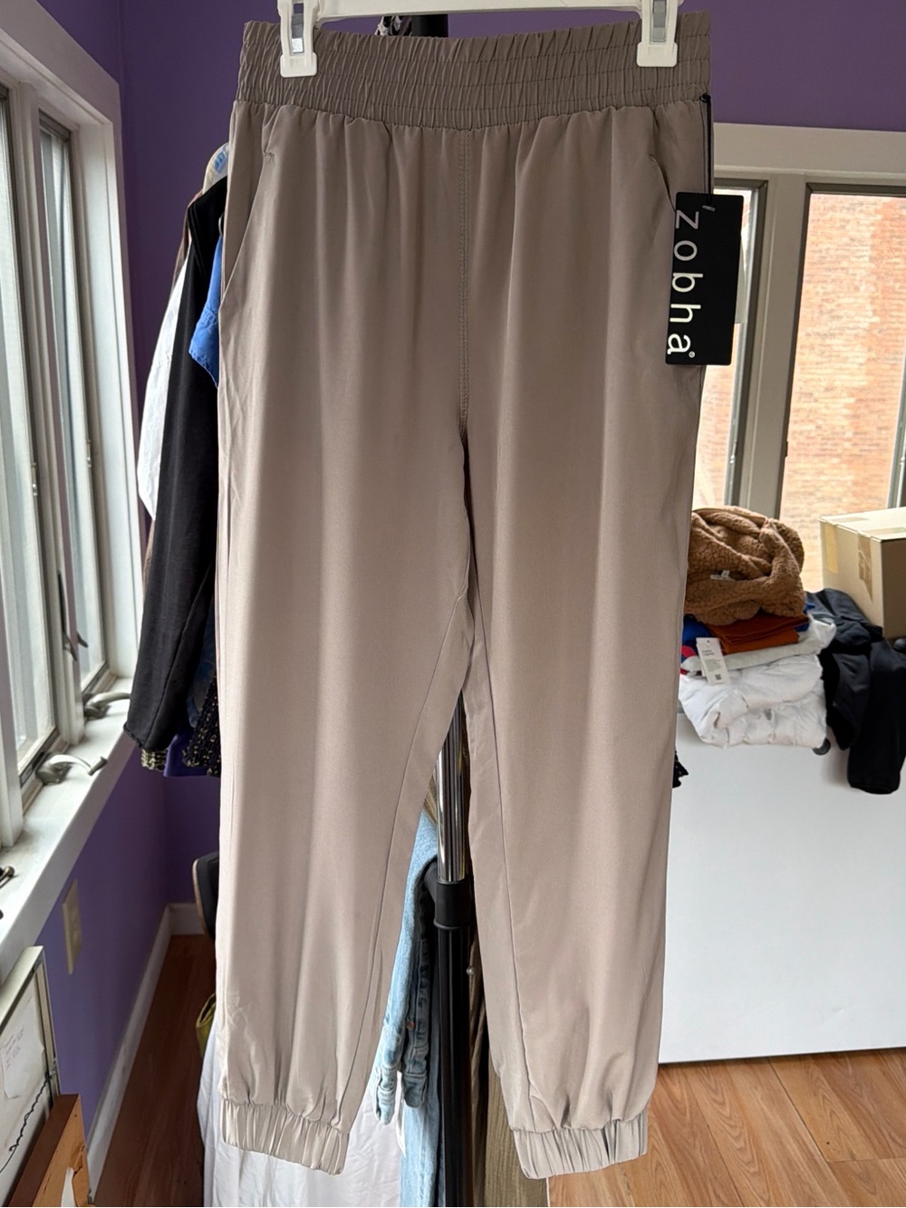 Zobha Taupe Elastic-Waist Jogger Pants Size S NWT